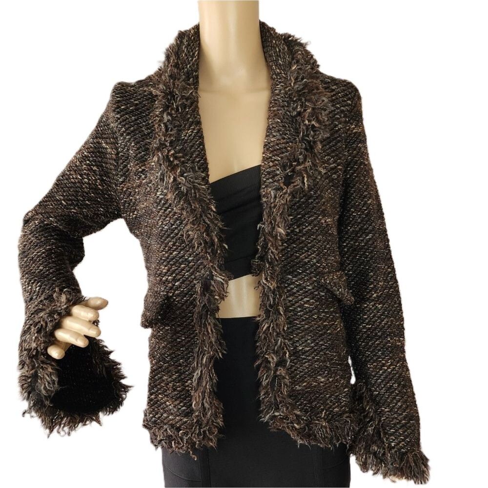 LiL Vintage Shaggy Fringe Tweed Boucle Blazer Jacket Brown Small (Estimated)
